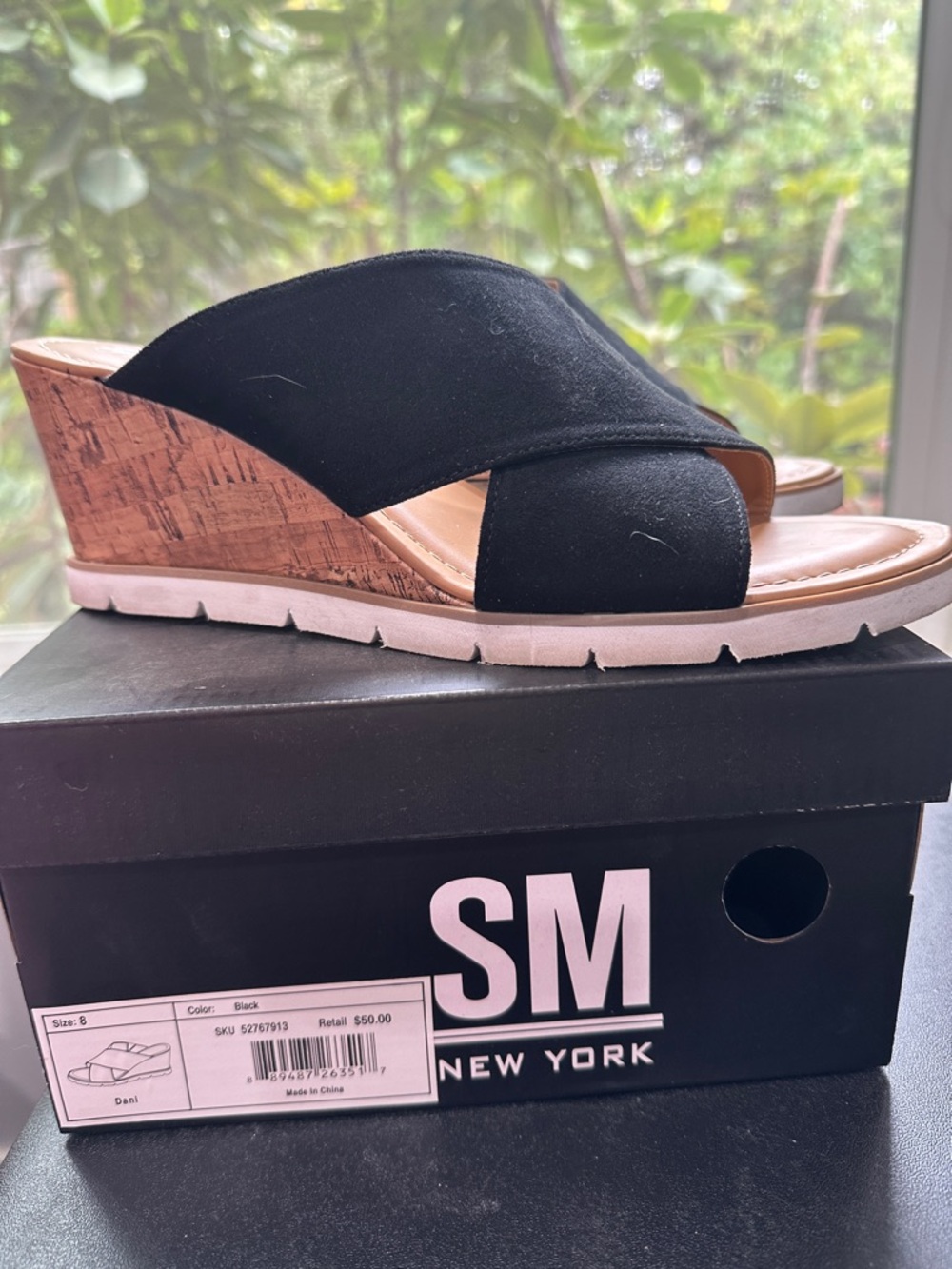 SM New York Black Cork Wedge Slides with Crisscross Straps